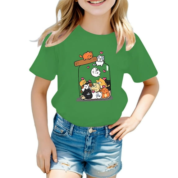 RUTAYY Girl Child T-Shirt Cute Graphic Print Round Neck Short Sleeve Tee Summer Casual T Shirt Fashionable Beach Style, Green, 11-12 Years