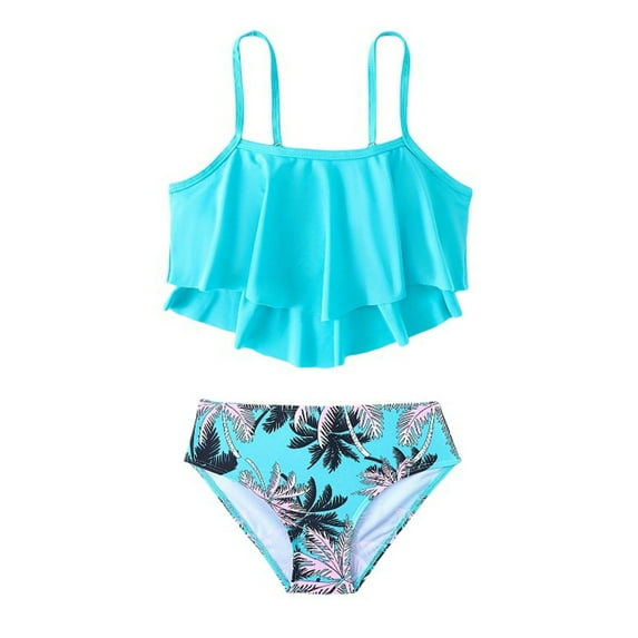 RUTAYY Girl Swimsuits Two Piece Set Tankini And Swim Shorts Summer Pool Beach Outfit Comfortable Stretchy Fabric Beach Bathing Suit, Sky Blue, 7-8 Years