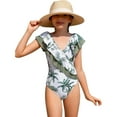 thumbnail image 1 of RUTAYY Girl's Tropical Print Ruffle Trim Swimwear V-Neck Romper Swimsuit Beach Vacation Bohemian Beachwear,9-10 Years, 1 of 9