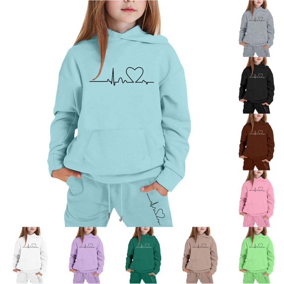 RUTAYY Girls 2 Piece Casual Outfit Long Sleeve Graphic Print Hooded Sweatshirt Elastic Jogger Pants Kids Daily Playwear Sky Blue