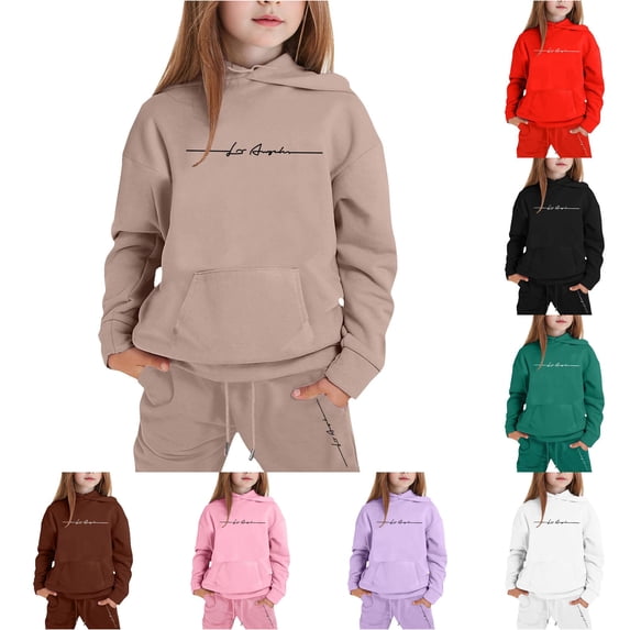 RUTAYY Girls 2 Piece Casual Outfit Long Sleeve Letter Print Hooded Sweatshirt Elastic Jogger Pants Kids Daily Playwear Tracksuit Khaki