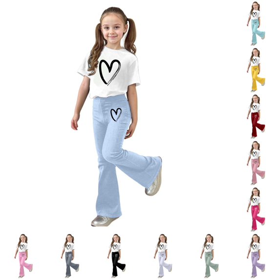 RUTAYY Girls 2 Piece Casual Outfit Short Sleeve Graphic Print Tee Elastic Waist Flare Pants Kids Daily Playwear Light Blue