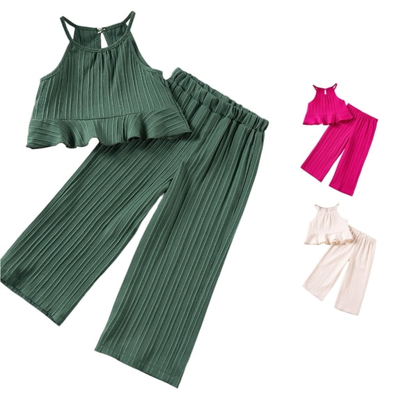 RUTAYY Girls 2 Piece Casual Outfit Sleeveless Ribbed Ruffle Tank Tops Elastic Waist Wide Leg Pants Kids Daily Playwear Green