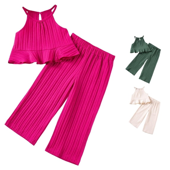 RUTAYY Girls 2 Piece Casual Outfit Sleeveless Ribbed Ruffle Tank Tops Elastic Waist Wide Leg Pants Kids Daily Playwear Red