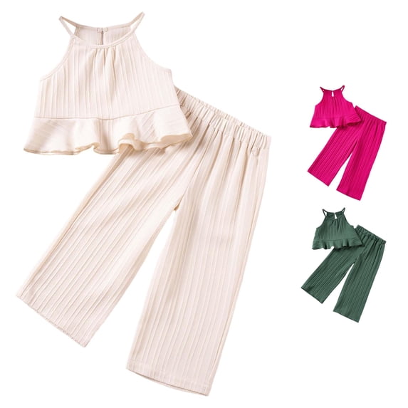 RUTAYY Girls 2 Piece Casual Outfit Sleeveless Ribbed Ruffle Tank Tops Elastic Waist Wide Leg Pants Kids Daily Playwear White