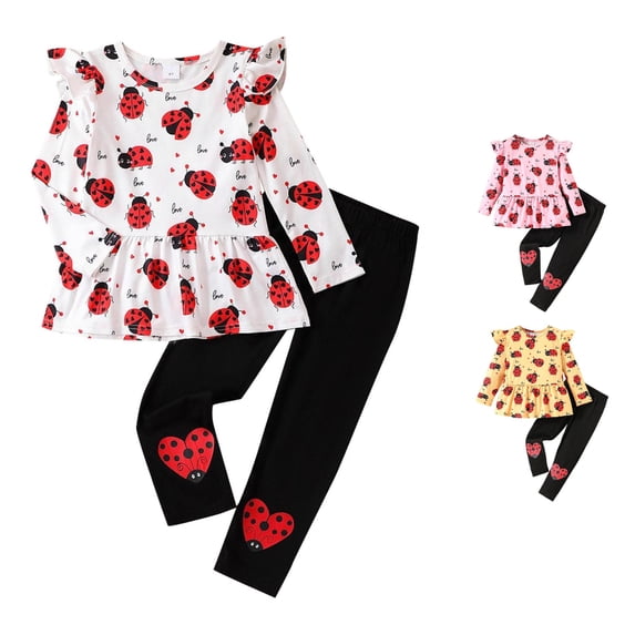 RUTAYY Girls 2 Piece Casual Set All Over Ladybug Heart Graphic Flutter Sleeve Peplum Shirt Heart Patch Leggings Kids Daily Outfit White