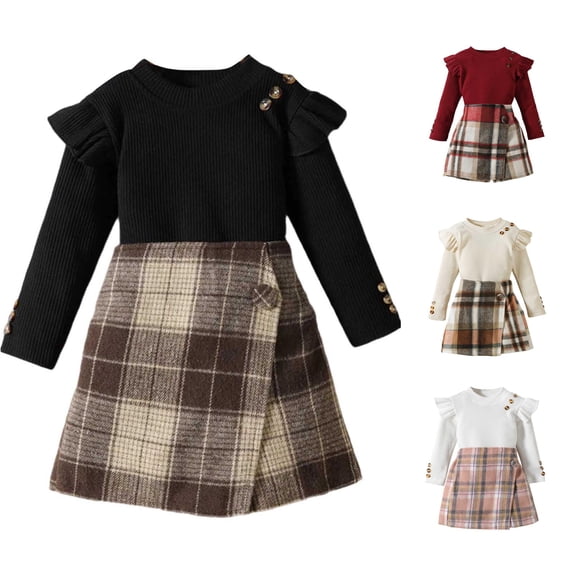 RUTAYY Girls 2 Piece Casual Set Crew Neck Button Ruffle Long Sleeve Knit Tops Plaid Wrap Skirt Kids Daily Outfit Black