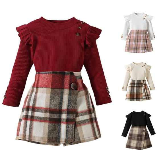 RUTAYY Girls 2 Piece Casual Set Crew Neck Button Ruffle Long Sleeve Knit Tops Plaid Wrap Skirt Kids Daily Outfit Red