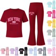 thumbnail image 1 of RUTAYY Girls 2 Piece Casual Set Crew Neck Letter Graphic Tee Elastic Waist Flare Leg Pants Kids Daily Playwear, 1 of 3