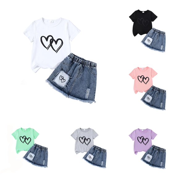 RUTAYY Girls 2 Piece Casual Set Double Heart Graphic Short Sleeve Tops Elastic Waist Ripped Fringe Denim Skirt Kids Daily Outfit White