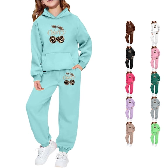 RUTAYY Girls 2 Piece Casual Set Leopard Cherry Graphic Hooded Sweatshirts Elastic Waist Jogger Pants Kids Daily Outfit Mint Green