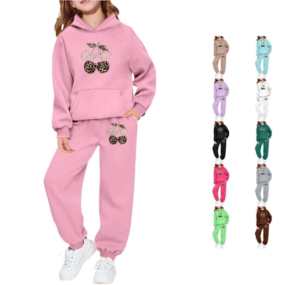 RUTAYY Girls 2 Piece Casual Set Leopard Cherry Graphic Hooded Sweatshirts Elastic Waist Jogger Pants Kids Daily Outfit Pink