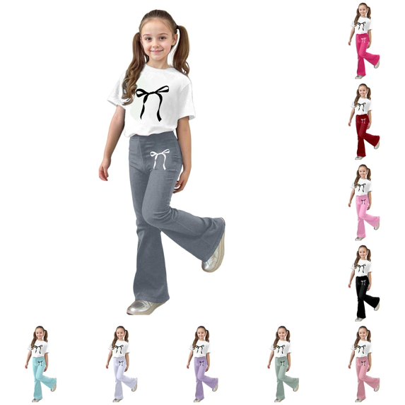 RUTAYY Girls 2 Piece Clothing Set Bow Print Short Sleeve Tops Flare Casual Pants Kids Tracksuit Grey