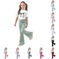 thumbnail image 1 of RUTAYY Girls 2 Piece Clothing Set Bow Print Short Sleeve Tops Flare Casual Pants Kids Tracksuit Light Green, 1 of 5