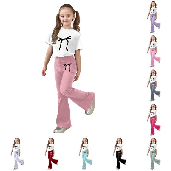 RUTAYY Girls 2 Piece Clothing Set Bow Print Short Sleeve Tops Flare Casual Pants Kids Tracksuit Light Pink