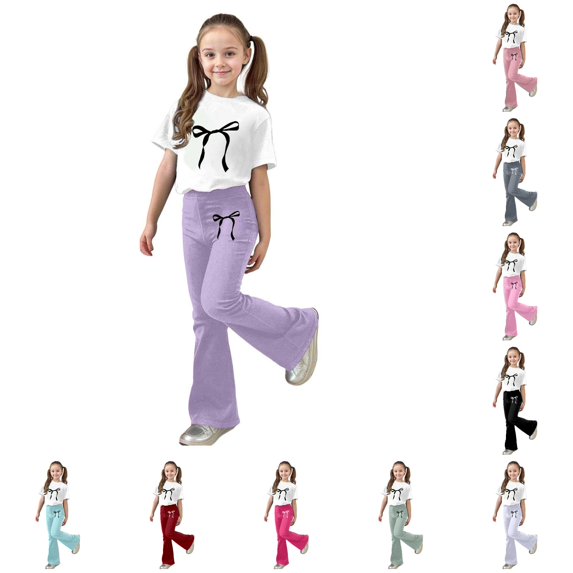 RUTAYY Girls 2 Piece Clothing Set Bow Print Short Sleeve Tops Flare Casual Pants Kids Tracksuit Light Purple