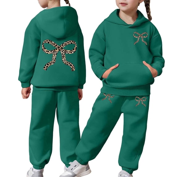 RUTAYY Girls 2 Piece Clothing Set Leopard Bow Print Pocket Hoodie Casual Jogger Pants Kids Tracksuit Dark Green