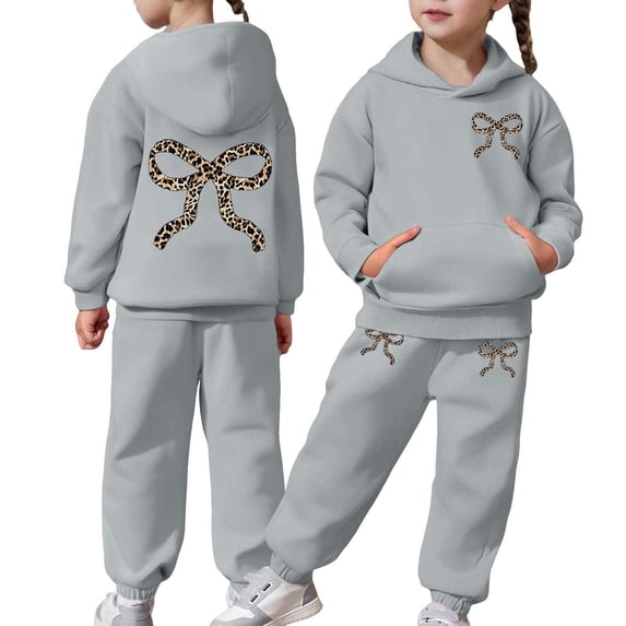 RUTAYY Girls 2 Piece Clothing Set Leopard Bow Print Pocket Hoodie Casual Jogger Pants Kids Tracksuit Grey