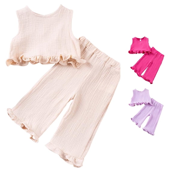 RUTAYY Girls 2 Piece Daily Set Crew Neck Sleeveless Ruffle Crop Top Elastic Waist Ruffle Wide Leg Trousers Kids Playwear Beige