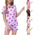 thumbnail image 1 of RUTAYY Girls 2 Piece Home Outfit Tropical Palm Tree Graphic Contrast Piping Short Sleeve Shirt Casual Sleep Set Purple, 1 of 5