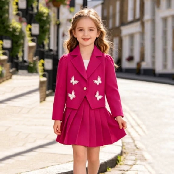 RUTAYY Girls 2 Piece Outfit Blazer Jacket and Pleated Skirt Set Butterfly Applique School Daily Wear Hot Pink