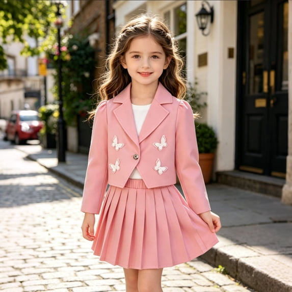 RUTAYY Girls 2 Piece Outfit Blazer Jacket and Pleated Skirt Set Butterfly Applique School Daily Wear Pink