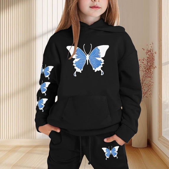 RUTAYY Girls 2 Piece Outfit Butterfly Print Long Sleeve Hooded Sweatshirt with Pocket Drawstring Sweatpants Kids Gathering Outfits Black
