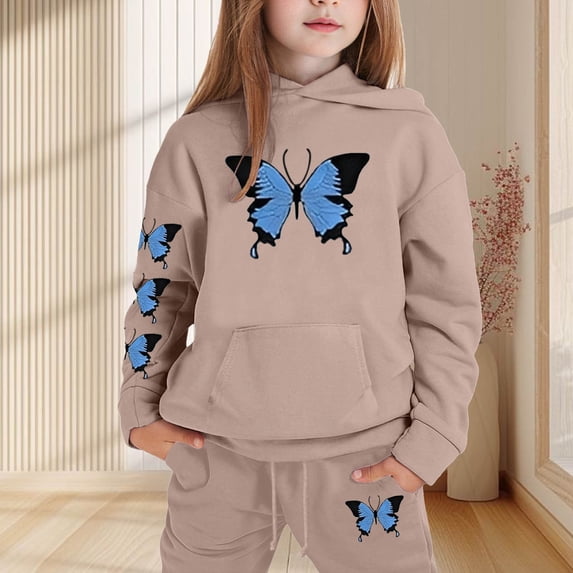 RUTAYY Girls 2 Piece Outfit Butterfly Print Long Sleeve Hooded Sweatshirt with Pocket Drawstring Sweatpants Kids Gathering Outfits Khaki