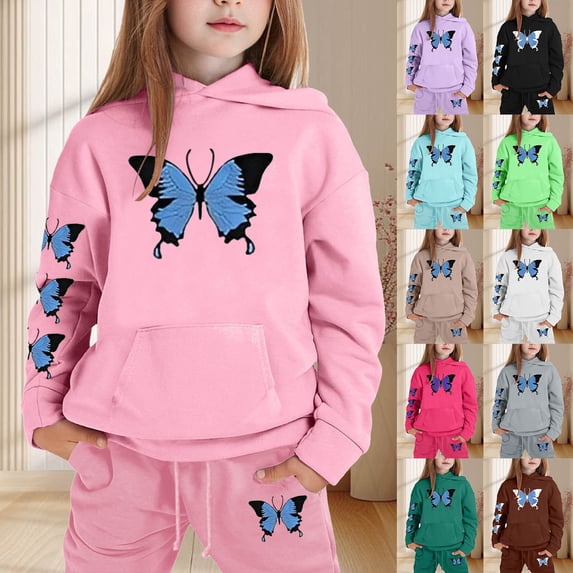 RUTAYY Girls 2 Piece Outfit Butterfly Print Long Sleeve Hooded Sweatshirt with Pocket Drawstring Sweatpants Kids Gathering Outfits Pink