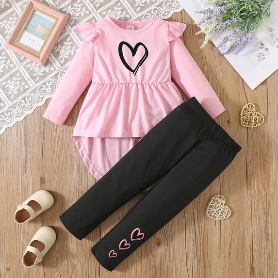 RUTAYY Girls 2 Piece Outfit Heart Print Crew Neck Long Sleeve Ruffle Top Leggings Casual Playwear Red