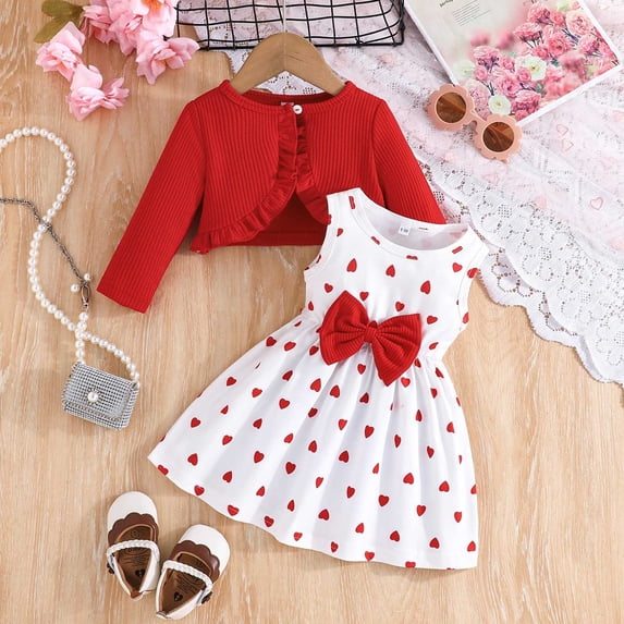 RUTAYY Girls 2 Piece Outfit Heart Print Sleeveless Dress Crew Neck Long Sleeve Ruffle Shrug Kid Party Outfits Red