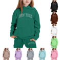 thumbnail image 1 of RUTAYY Girls 2 Piece Outfit Letter Print Long Sleeve Hoodie and Sweatpants Set for Daily Casual Outings Dark Green, 1 of 4