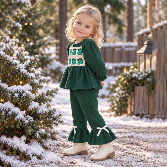 RUTAYY Girls 2 Piece Outfit Long Puff Sleeve Christmas Tree Graphic Top Flare Pants Bow Decoration Party Casual Wear, Green