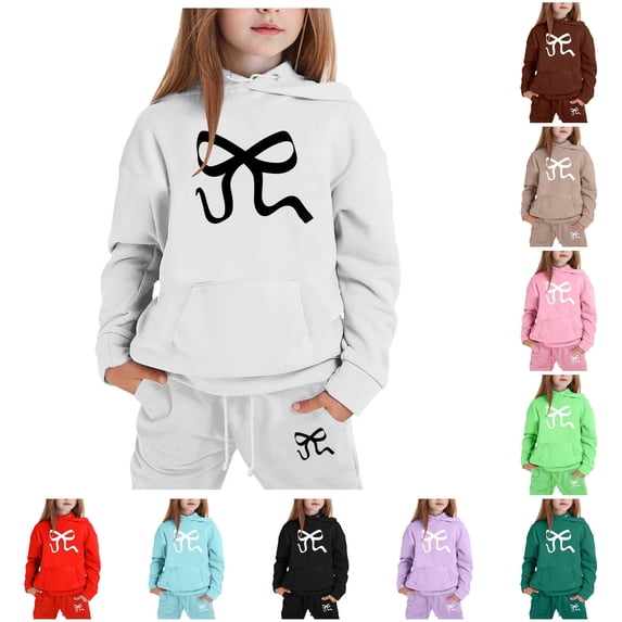 RUTAYY Girls 2 Piece Outfit Long Sleeve Hoodie and Sweatpants Set Bow Print for Kids Casual Wear White