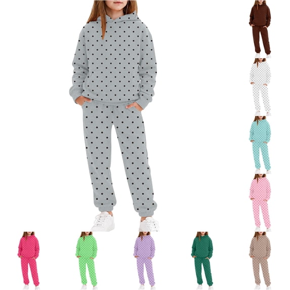 RUTAYY Girls 2 Piece Outfit Long Sleeve Hoodie and Sweatpants Set Polka Dot Print Casual Daily Wear Grey