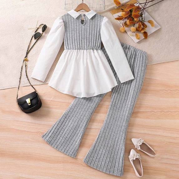 RUTAYY Girls 2 Piece Outfit Long Sleeve Tunic Top and Flare Leg Pants Set for Kids Comfortable Casual Wear Grey
