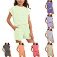 thumbnail image 1 of RUTAYY Girls 2 Piece Outfit Set Crew Neck Short Sleeve Ribbed Striped Top Elastic Waist Side Pocket Shorts Casual Matching Set Green, 1 of 4