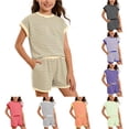 thumbnail image 1 of RUTAYY Girls 2 Piece Outfit Set Crew Neck Short Sleeve Ribbed Striped Top Elastic Waist Side Pocket Shorts Casual Matching Set Grey, 1 of 4
