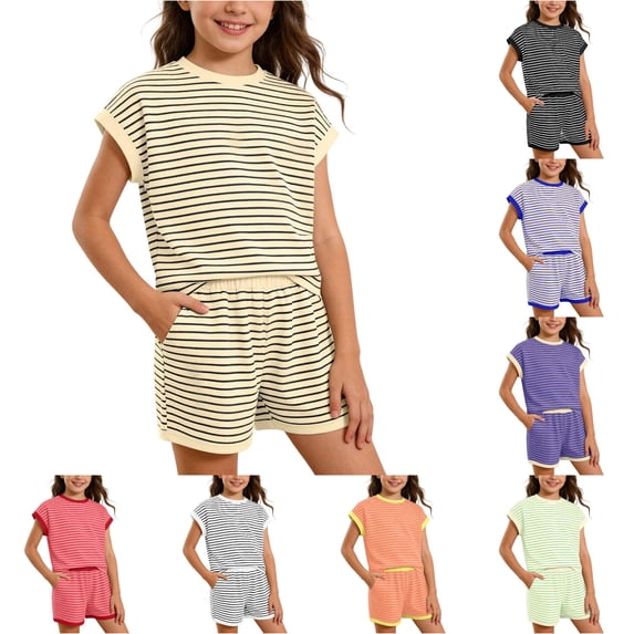 RUTAYY Girls 2 Piece Outfit Set Crew Neck Short Sleeve Ribbed Striped Top Elastic Waist Side Pocket Shorts Casual Matching Set Grey