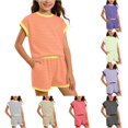 thumbnail image 1 of RUTAYY Girls 2 Piece Outfit Set Crew Neck Short Sleeve Ribbed Striped Top Elastic Waist Side Pocket Shorts Casual Matching Set Orange, 1 of 4