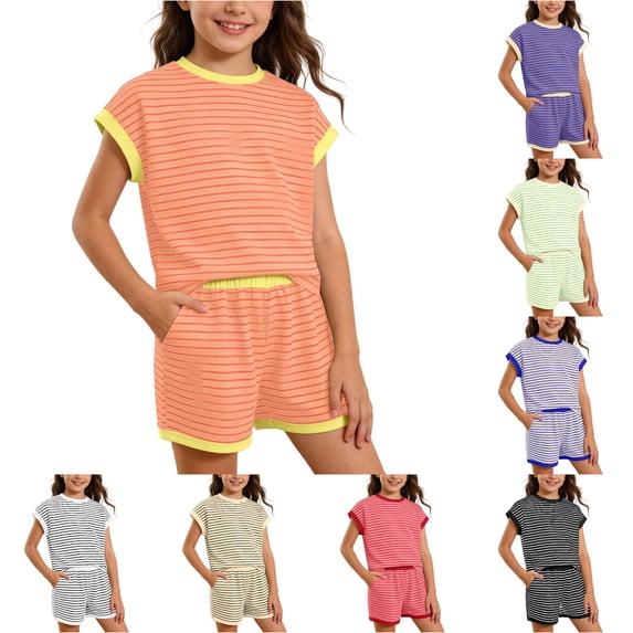 RUTAYY Girls 2 Piece Outfit Set Crew Neck Short Sleeve Ribbed Striped Top Elastic Waist Side Pocket Shorts Casual Matching Set Orange