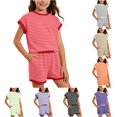 thumbnail image 1 of RUTAYY Girls 2 Piece Outfit Set Crew Neck Short Sleeve Ribbed Striped Top Elastic Waist Side Pocket Shorts Casual Matching Set Red, 1 of 4