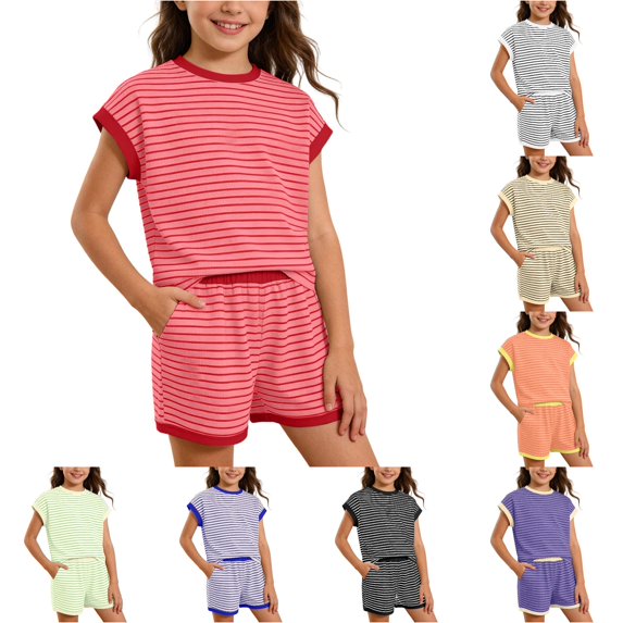 RUTAYY Girls 2 Piece Outfit Set Crew Neck Short Sleeve Ribbed Striped Top Elastic Waist Side Pocket Shorts Casual Matching Set Red