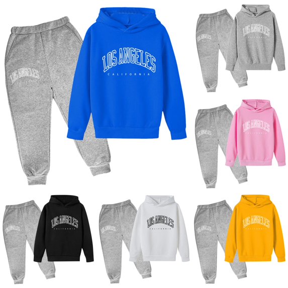 RUTAYY Girls 2 Piece Outfit Set Letter Print Long Sleeve Hoodie Elastic Jogger Pants Kids Casual Sweat Suit Clothing Set Blue
