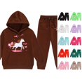 thumbnail image 1 of RUTAYY Girls 2 Piece Outfit Set Long Sleeve Horse Print Hoodie Drawstring Waist Pocket Jogger Pants Matching Set Brown, 1 of 4