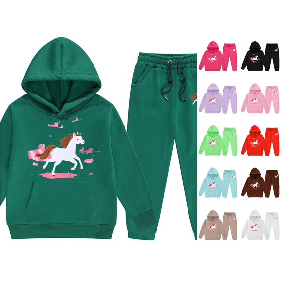 RUTAYY Girls 2 Piece Outfit Set Long Sleeve Horse Print Hoodie Drawstring Waist Pocket Jogger Pants Matching Set
