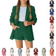 thumbnail image 1 of RUTAYY Girls 2 Piece Outfit Set Turndown Collar Long Sleeve Button High Waist Hem Pocket Shorts Formal Matching Set Green, 1 of 7