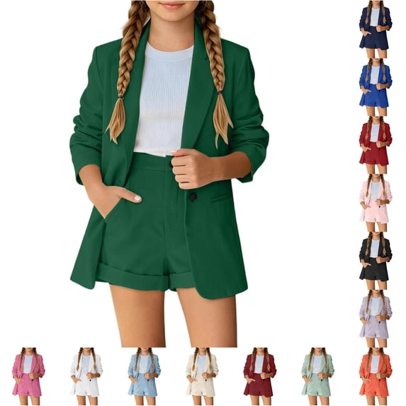 RUTAYY Girls 2 Piece Outfit Set Turndown Collar Long Sleeve Button High Waist Hem Pocket Shorts Formal Matching Set Green