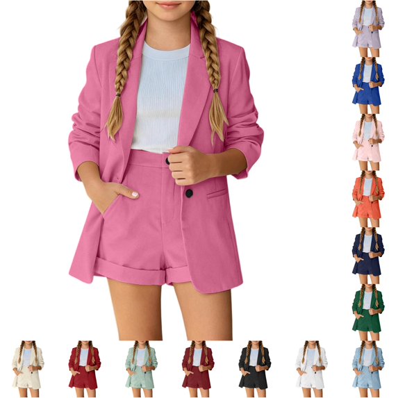RUTAYY Girls 2 Piece Outfit Set Turndown Collar Long Sleeve Button High Waist Hem Pocket Shorts Formal Matching Set Hot Pink