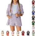 thumbnail image 1 of RUTAYY Girls 2 Piece Outfit Set Turndown Collar Long Sleeve Button High Waist Hem Pocket Shorts Formal Matching Set Light Purple, 1 of 7